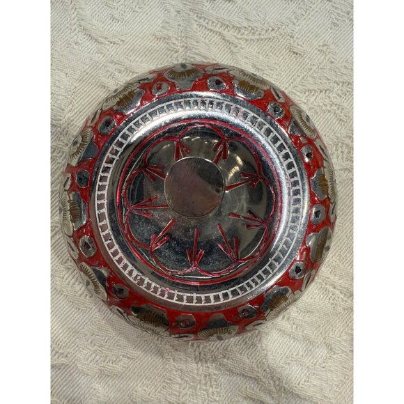 Silver Apple Shaped Decorative Trinket Box With Red Floral Pattern & Lid - Picture 6 of 10